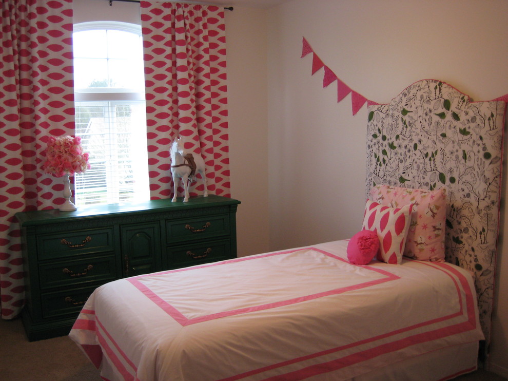 Eclectic kids' bedroom in Portland with white walls and carpet for kids 4-10 years old and girls.