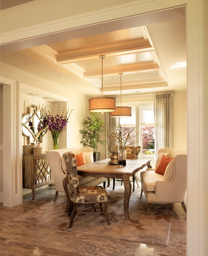 Design ideas for a traditional dining room in Portland with beige walls.