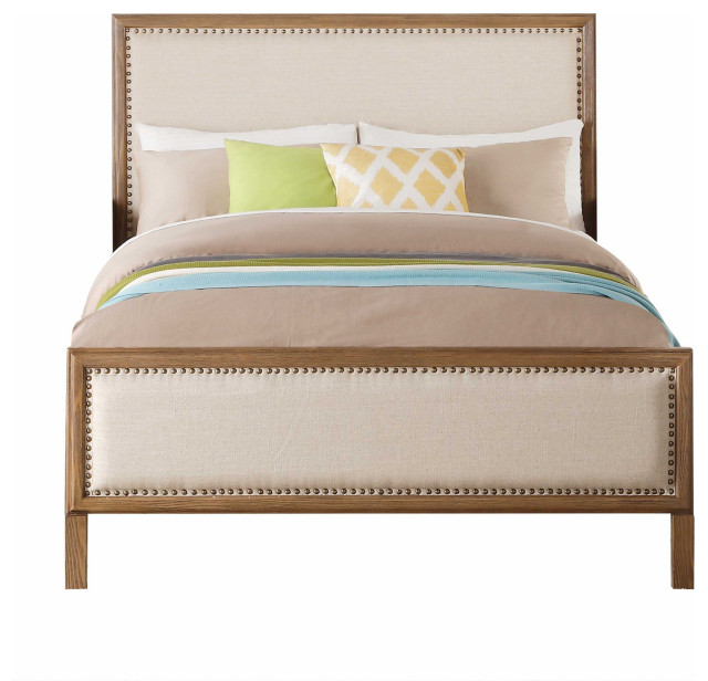 42"x80"x53" Beige Linen Reclaimed Oak Wood Upholstery Twin Bed Transitional Kids Beds by