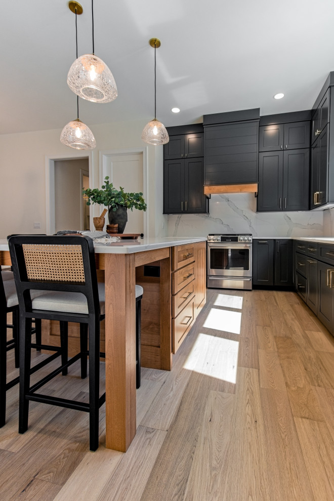 Light wood floor and brown floor open concept kitchen photo in Other with recessed-panel cabinets, black cabinets, quartz countertops, white backsplash, stone slab backsplash, stainless steel appliances, an island and white countertops