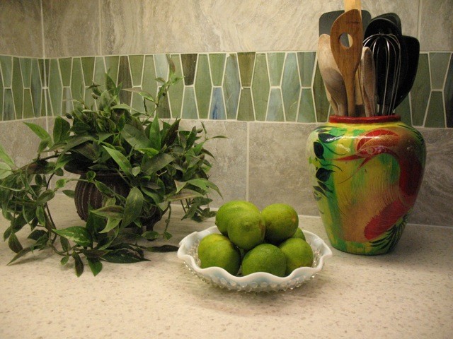 Inspiration for a transitional kitchen remodel with green backsplash and mosaic tile backsplash