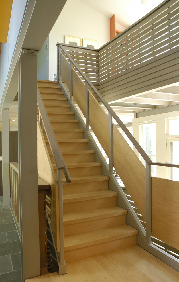 Photo of a country wood staircase in New York with wood risers.