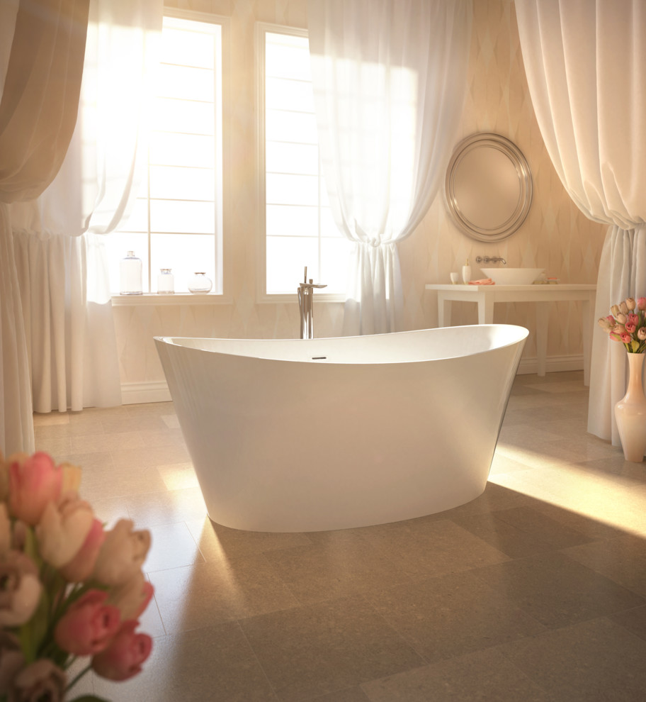 Inspiration for a large traditional master bathroom in Detroit with a freestanding tub, beige walls and ceramic floors.