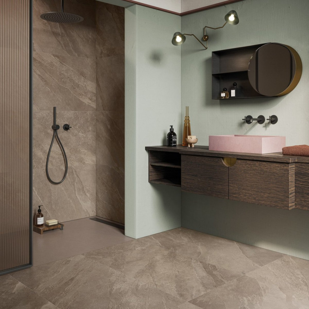 Photo of a contemporary bathroom in London with brown tile, porcelain tile, porcelain floors and brown floor.