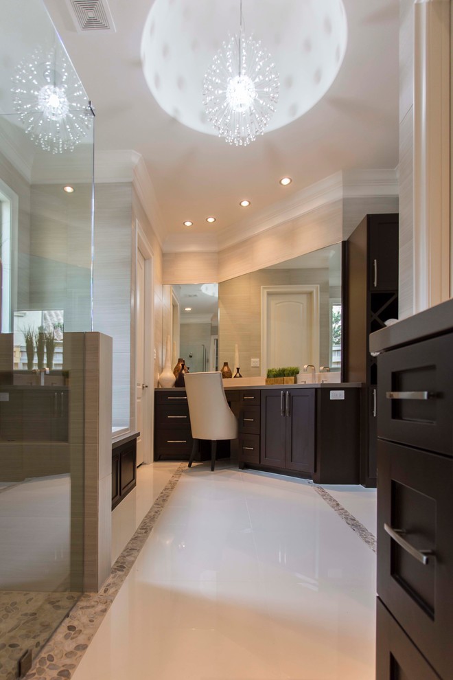 Inspiration for a large contemporary master bathroom in Houston with an undermount sink, an undermount tub, a corner shower, white tile, green walls, terrazzo floors, shaker cabinets, black cabinets and engineered quartz benchtops.