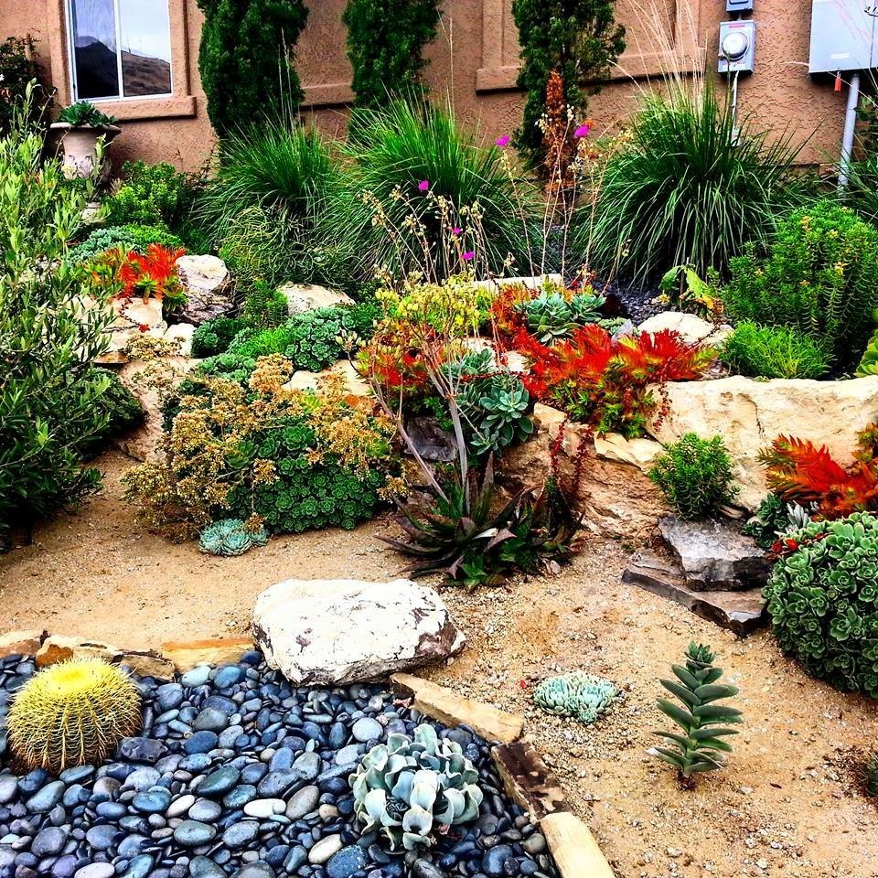 Design ideas for a mid-sized mediterranean front yard full sun xeriscape for spring in Other with a retaining wall and natural stone pavers.
