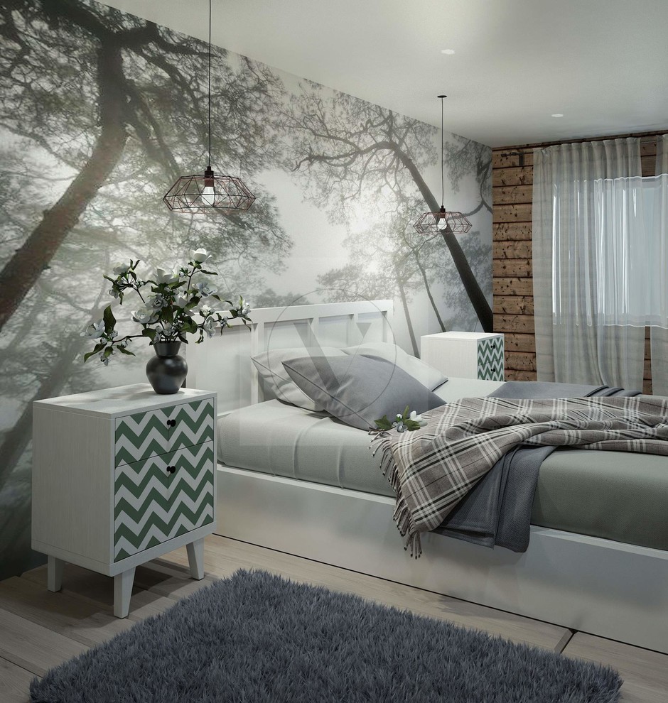 Интерьер уютной спальни с фотообоями