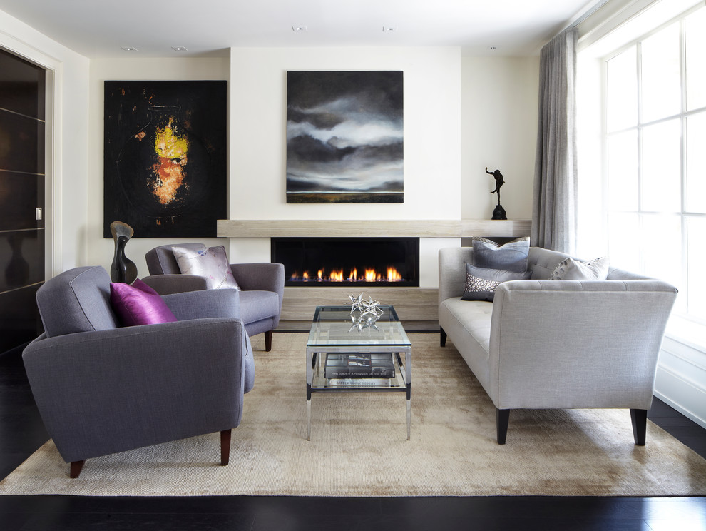 Design ideas for a contemporary formal living room in Toronto with white walls, a ribbon fireplace and a stone fireplace surround.