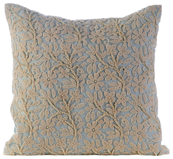 Blue Pearls Crochet Lace Cotton Linen Throw Pillows Cover