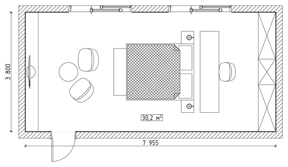 планировка спальни 20 кв м прямоугольная с двумя окнами