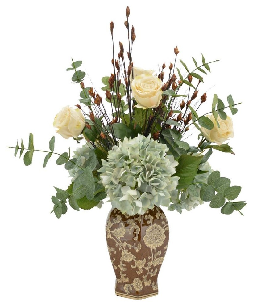 Farmlyn Creek Artificial Flower Arrangements with White Ceramic Vase Pink Roses and Eucalyptus 