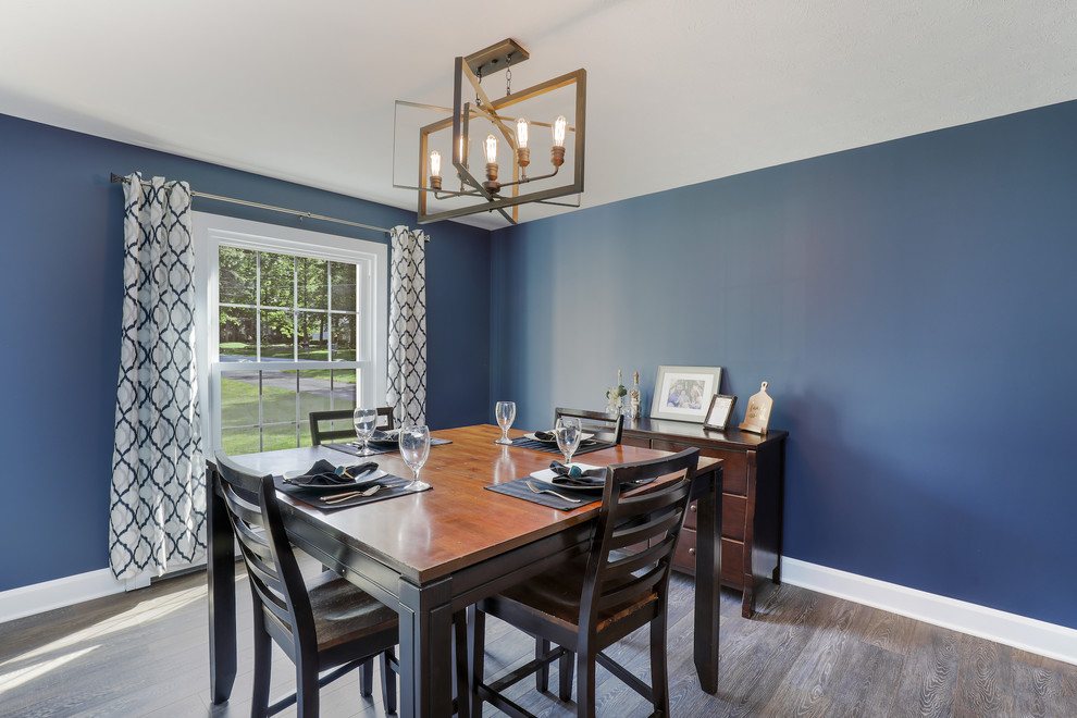 This is an example of a mid-sized traditional separate dining room in Cleveland with blue walls, medium hardwood floors and brown floor.