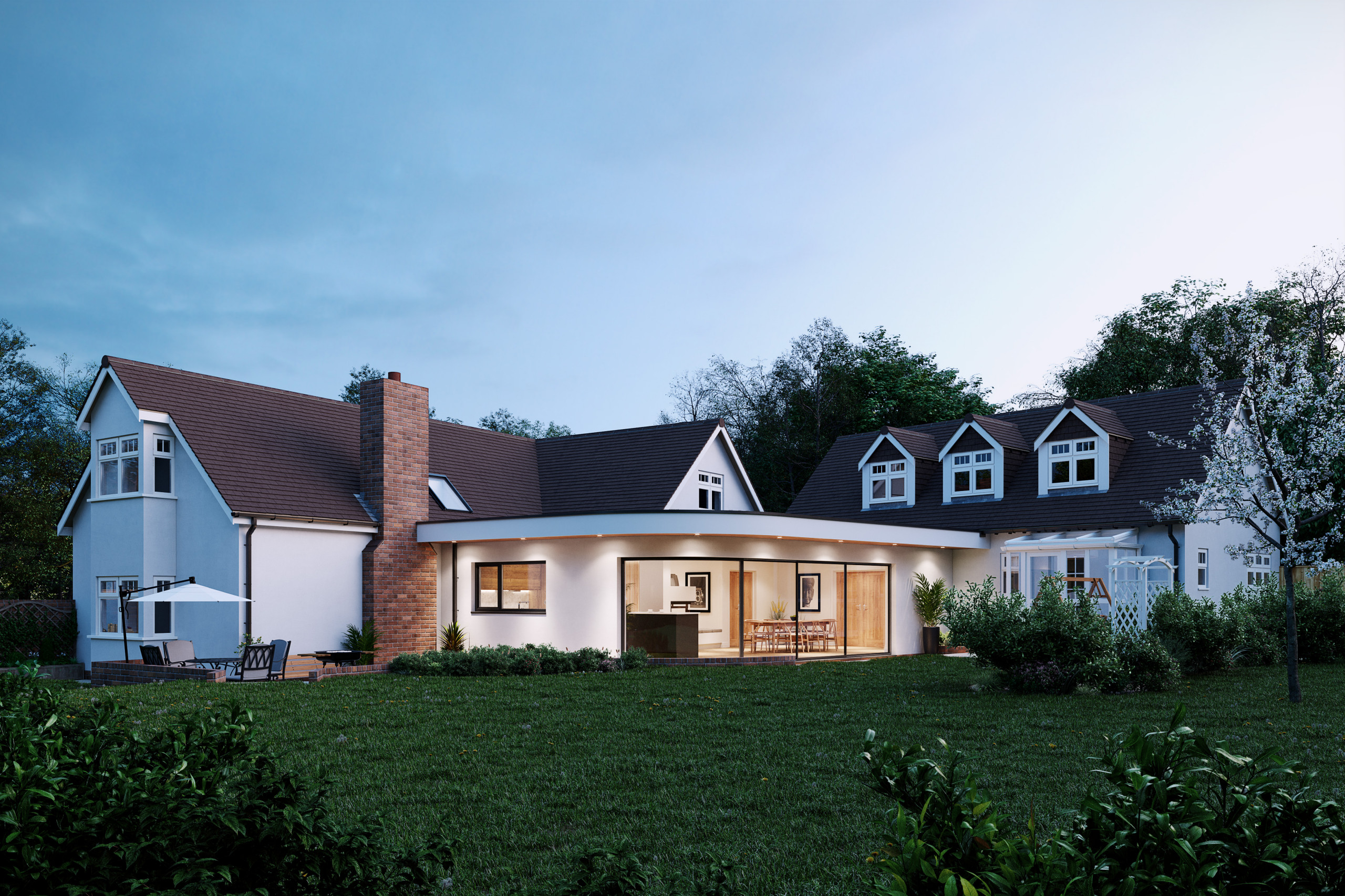 Exterior extension view with garden, Render, Curved glazing