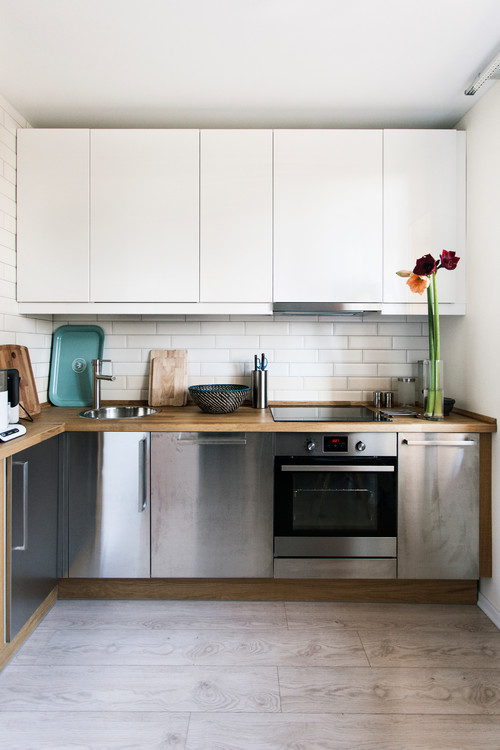 Wood Countertops and Metal Cabinets in Very Small Kitchen Ideas: A Chic Combo