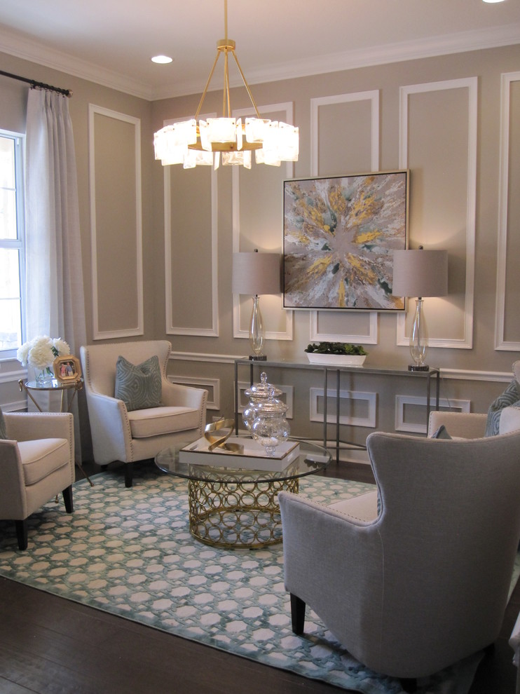 Formal open concept living room in Tampa with medium hardwood floors, panelled walls, beige walls and brown floor.