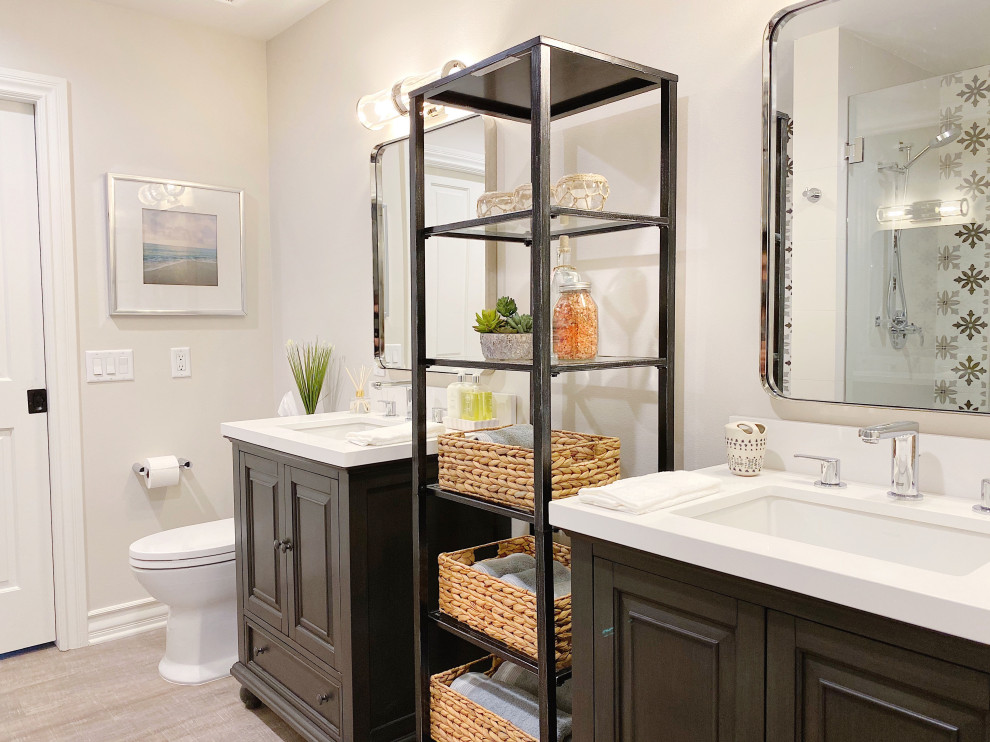 Bathroom - mid-sized transitional bathroom idea in Denver with furniture-like cabinets and a freestanding vanity