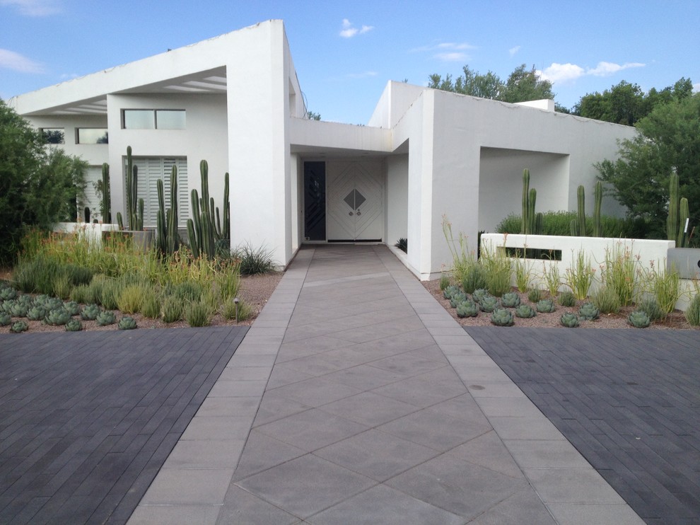 Contemporary front door in Phoenix with white walls, concrete floors, a double front door and a white front door.