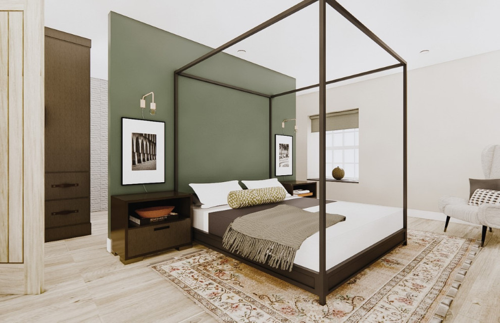 Design ideas for a mid-sized country master bedroom in Cheshire with green walls, light hardwood floors and beige floor.
