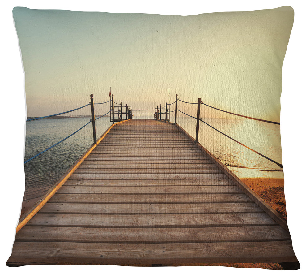 Strong Wooden Boardwalk into Sea Bridge Throw Pillow, 18"x18"