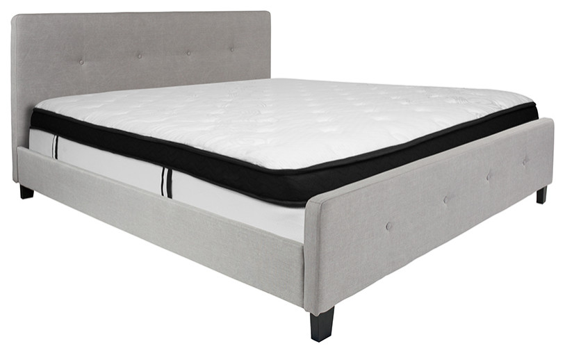 Tribeca King Size Tufted Upholstered Platform Bed, Light Gray Fabric