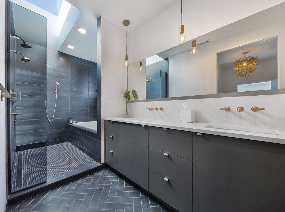Inspiration for a modern master bathroom in Portland with flat-panel cabinets, grey cabinets, an alcove tub, a double shower, black tile, porcelain tile, white walls, porcelain floors, an undermount sink and quartzite benchtops.