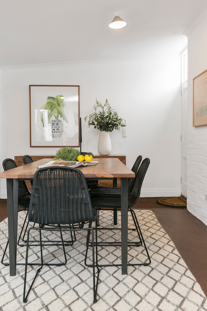 Photo of a contemporary dining room in Hobart with white walls and dark hardwood floors.