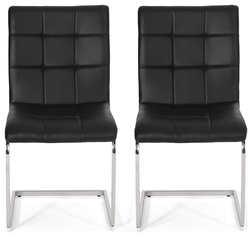 Set of 2 Dining Chair, Metal Legs With Padded Faux Leather Seat, Black