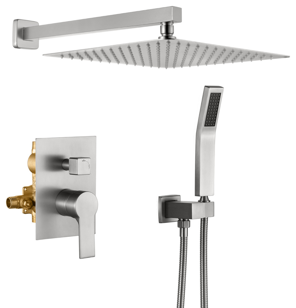 One Handle High Pressure Shower Faucet with Hand Shower and Brass Valve, Brushed Nickel, 10inch