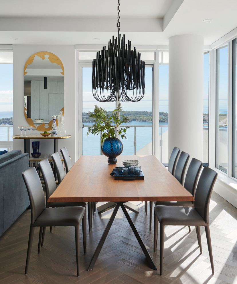 This is an example of a mid-sized contemporary open plan dining in Toronto with white walls, medium hardwood floors and brown floor.