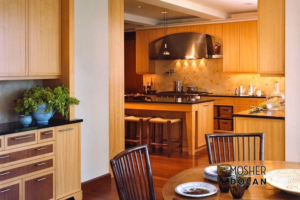 Large transitional single-wall light wood floor eat-in kitchen photo in Detroit with shaker cabinets, light wood cabinets, beige backsplash, ceramic backsplash, stainless steel appliances and an island