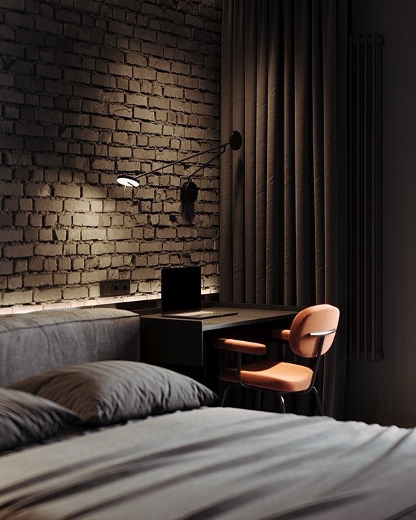 Акцентная стена фактурной штукатуркой под кирпич в сочетании с матовыми стенами