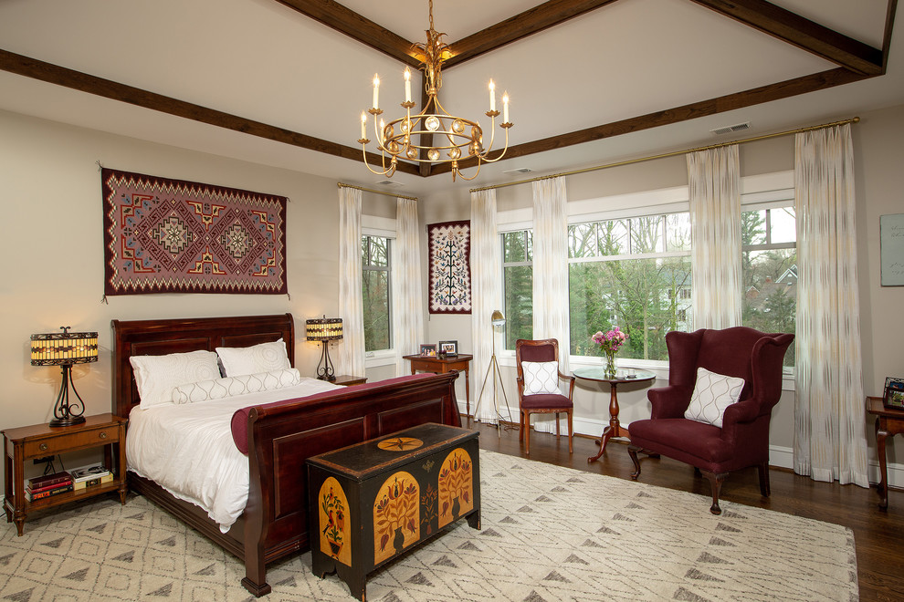 Inspiration for a large traditional master bedroom in DC Metro with dark hardwood floors, grey walls and no fireplace.