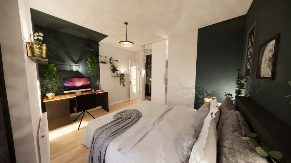 Mittelgroßes Industrial Schlafzimmer ohne Kamin mit grüner Wandfarbe, hellem Holzboden und beigem Boden in Dijon
