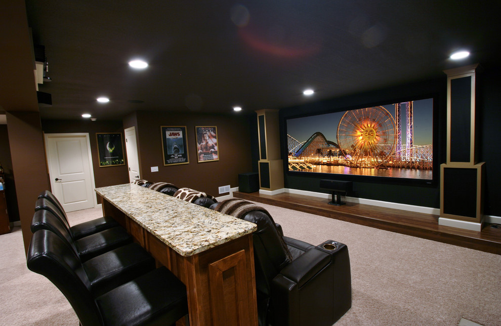 Photo of a contemporary home theatre in Minneapolis.
