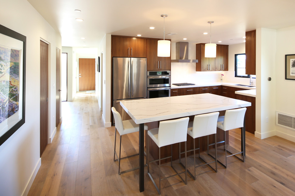 Inspiration for a modern kitchen remodel in Orange County with flat-panel cabinets and an island