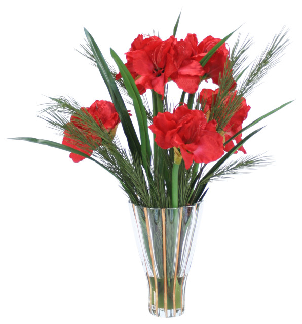 Red Amaryllis with Pine in Tall Fluted Vase Traditional Artificial
