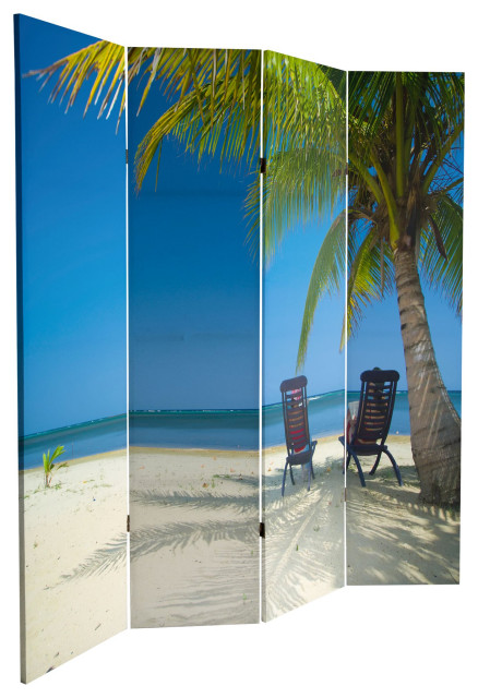 Tall 4 Panels Room Divider, Spruce Wood Frame With Unique Beach Motif ...