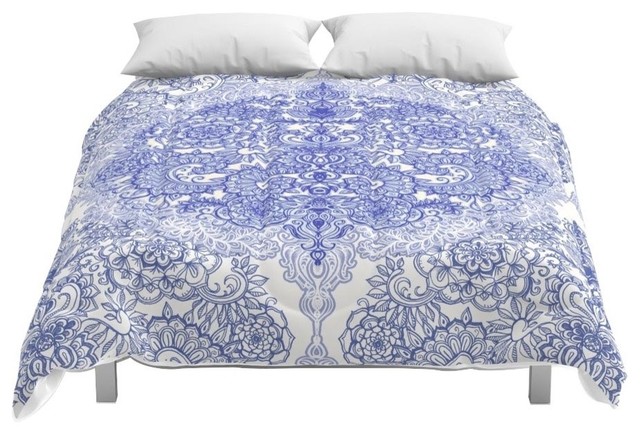 Society6 Happy Place Doodle In Cornflower Blue White Gr Comforter