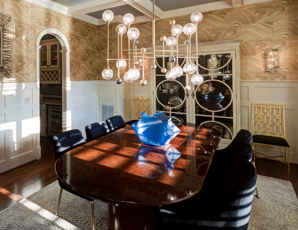 Enclosed dining room - large contemporary dark wood floor, brown floor, coffered ceiling and wallpaper enclosed dining room idea in Raleigh with multicolored walls