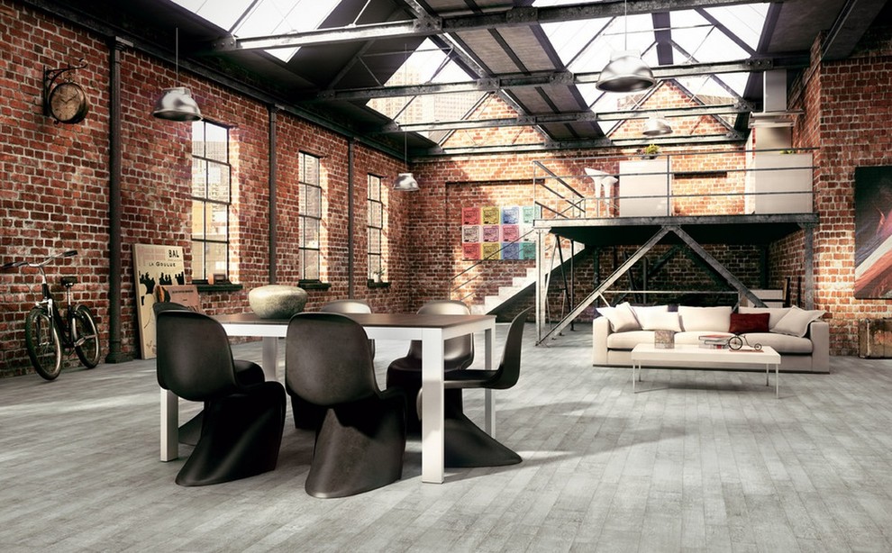 Design ideas for a large industrial loft-style living room in Other with vinyl floors and no tv.