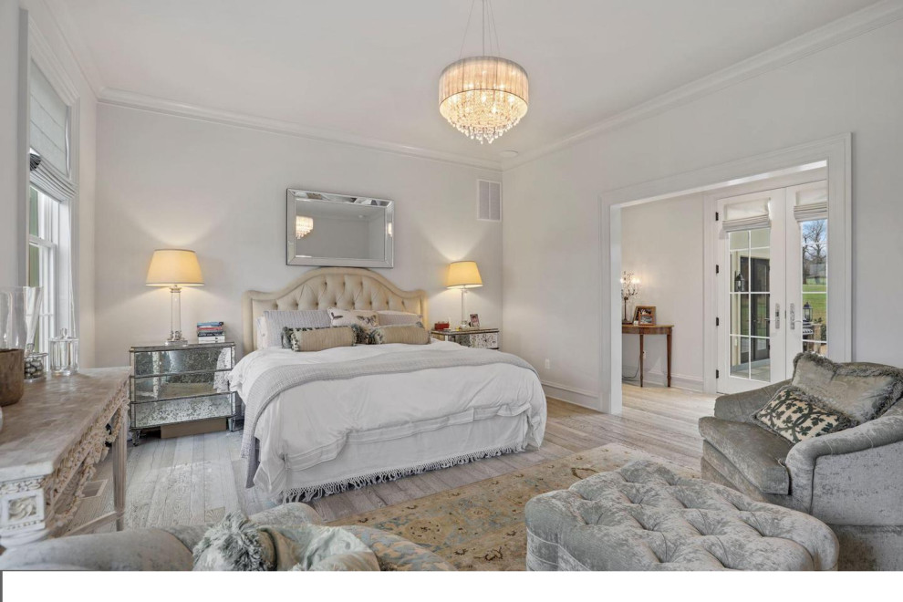 Example of a large transitional master light wood floor bedroom design in DC Metro with gray walls