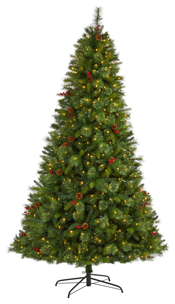 8' Aberdeen Spruce Faux Xmas Tree With 500 Clear Lights, Pinecones