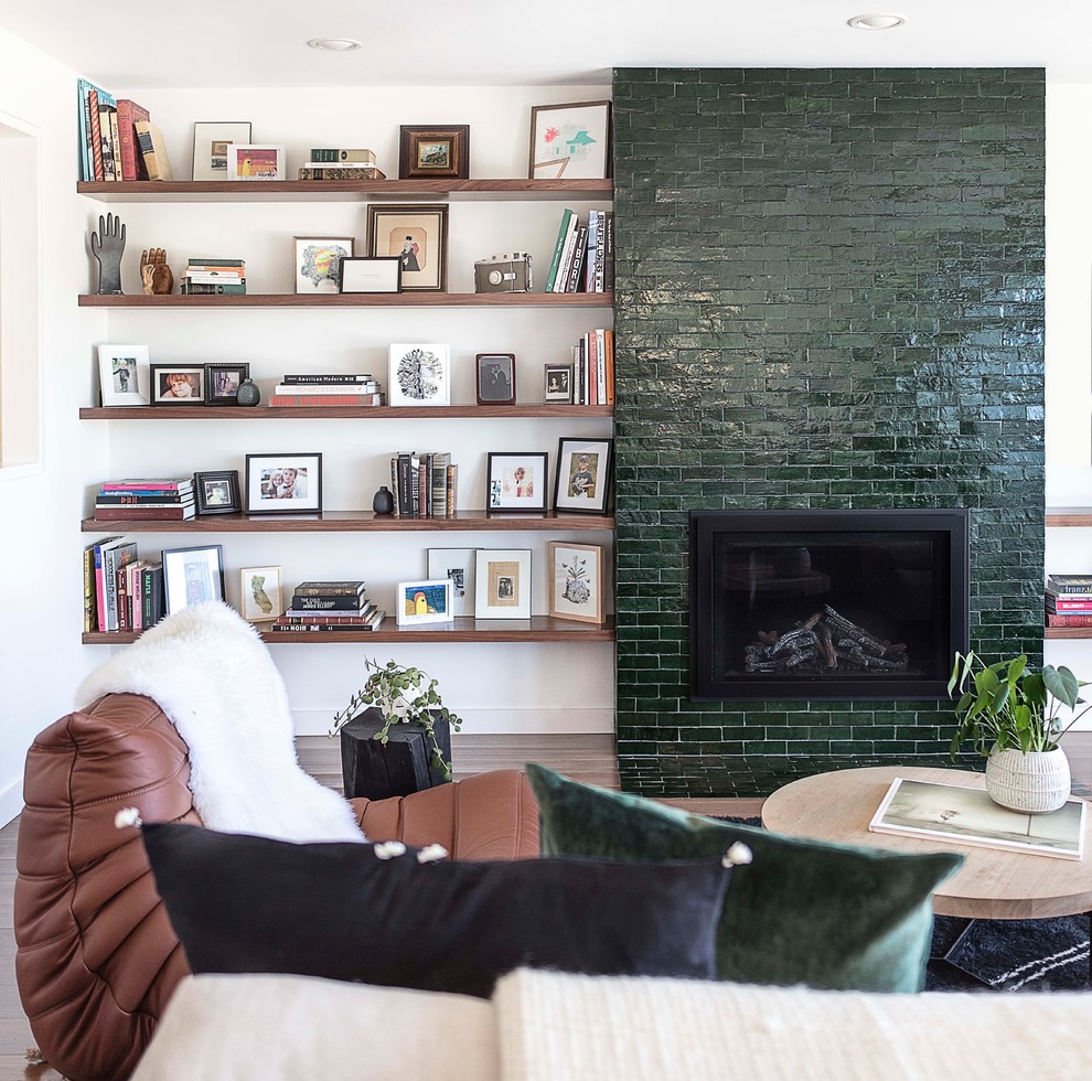 Inspiration for a mid-sized contemporary formal open concept living room in San Francisco with white walls, a standard fireplace, a tile fireplace surround and no tv.