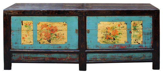 Chinese Oriental Graphic Blue Sideboard Console Table Tv Cabinet