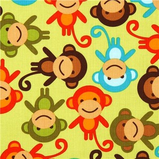 green fabric with colourful monkeys by Robert Kaufman - Fabric - by ...