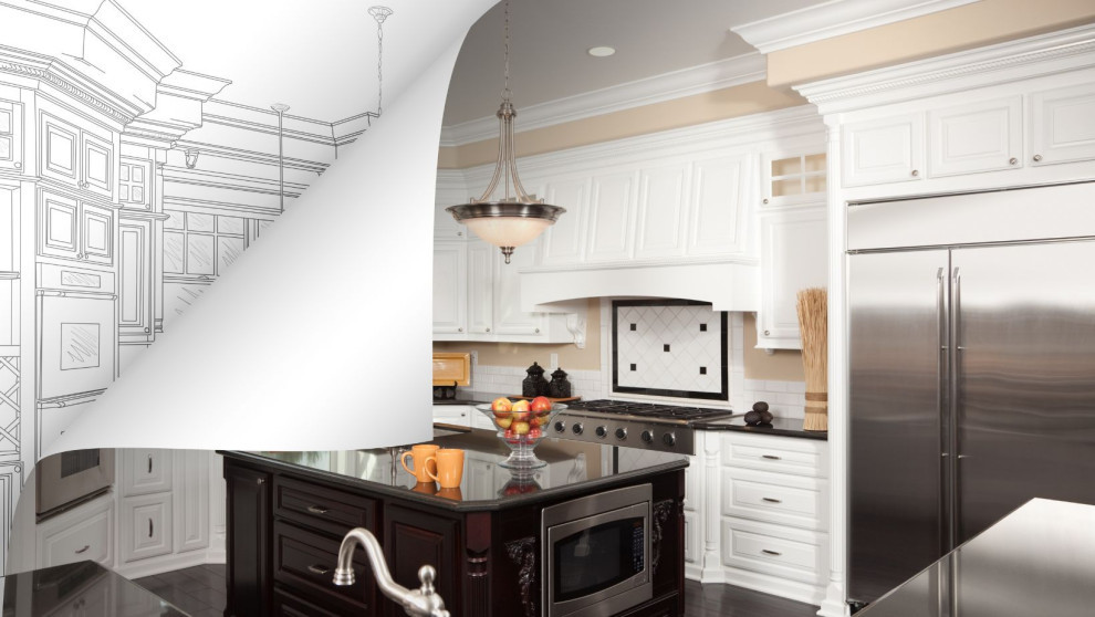 kitchen with overlay of kitchen sketch