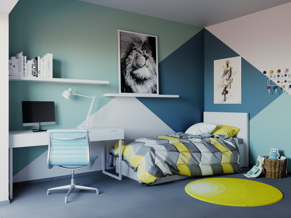 Small contemporary loft-style bedroom in Other with multi-coloured walls, porcelain floors and grey floor.