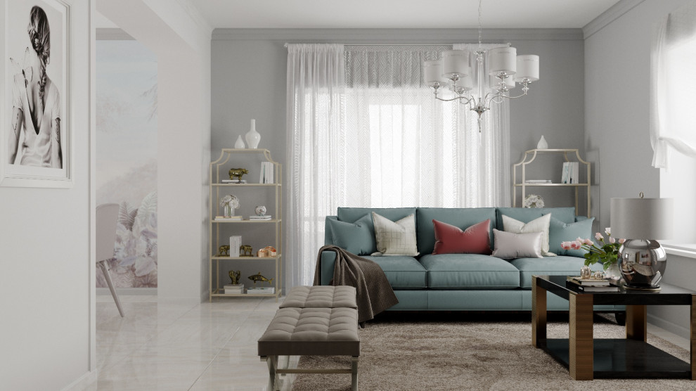 Интерьер кухни-гостиной в коттедже для семьи из 4 человек