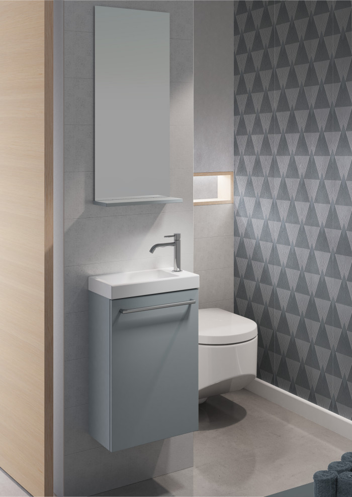 Idéer för små funkis vitt toaletter, med släta luckor, ett fristående handfat, bänkskiva i akrylsten och blå skåp