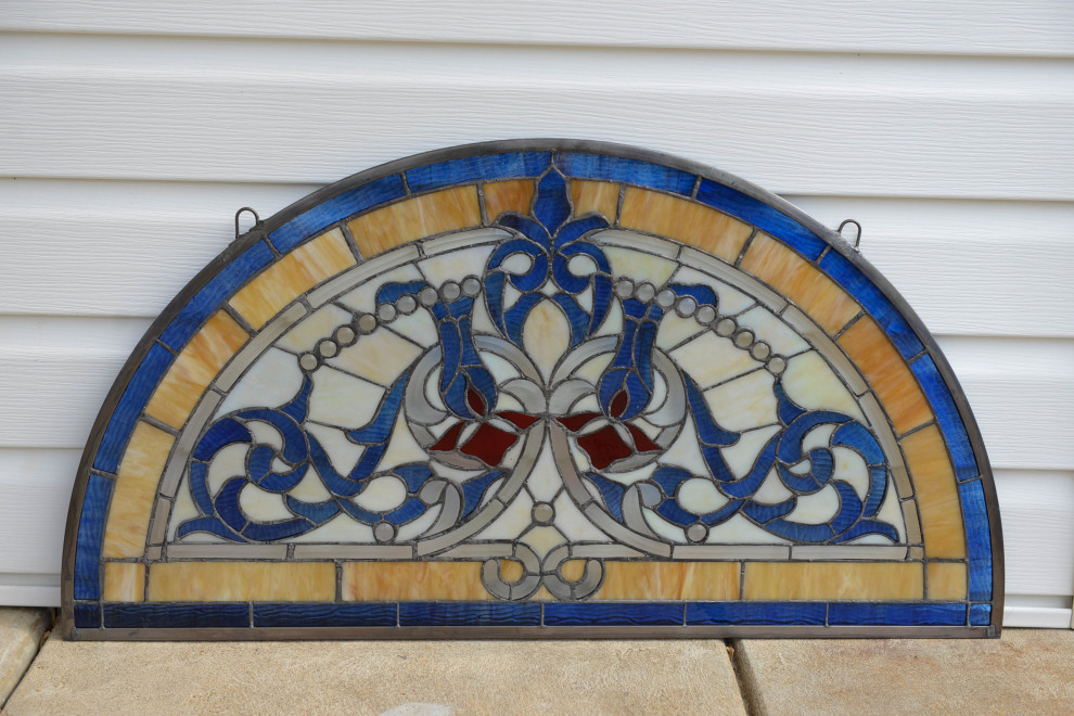 34"L x 18.25"H Half Round Tiffany Style stained glass window Glass panel Victorian Stained